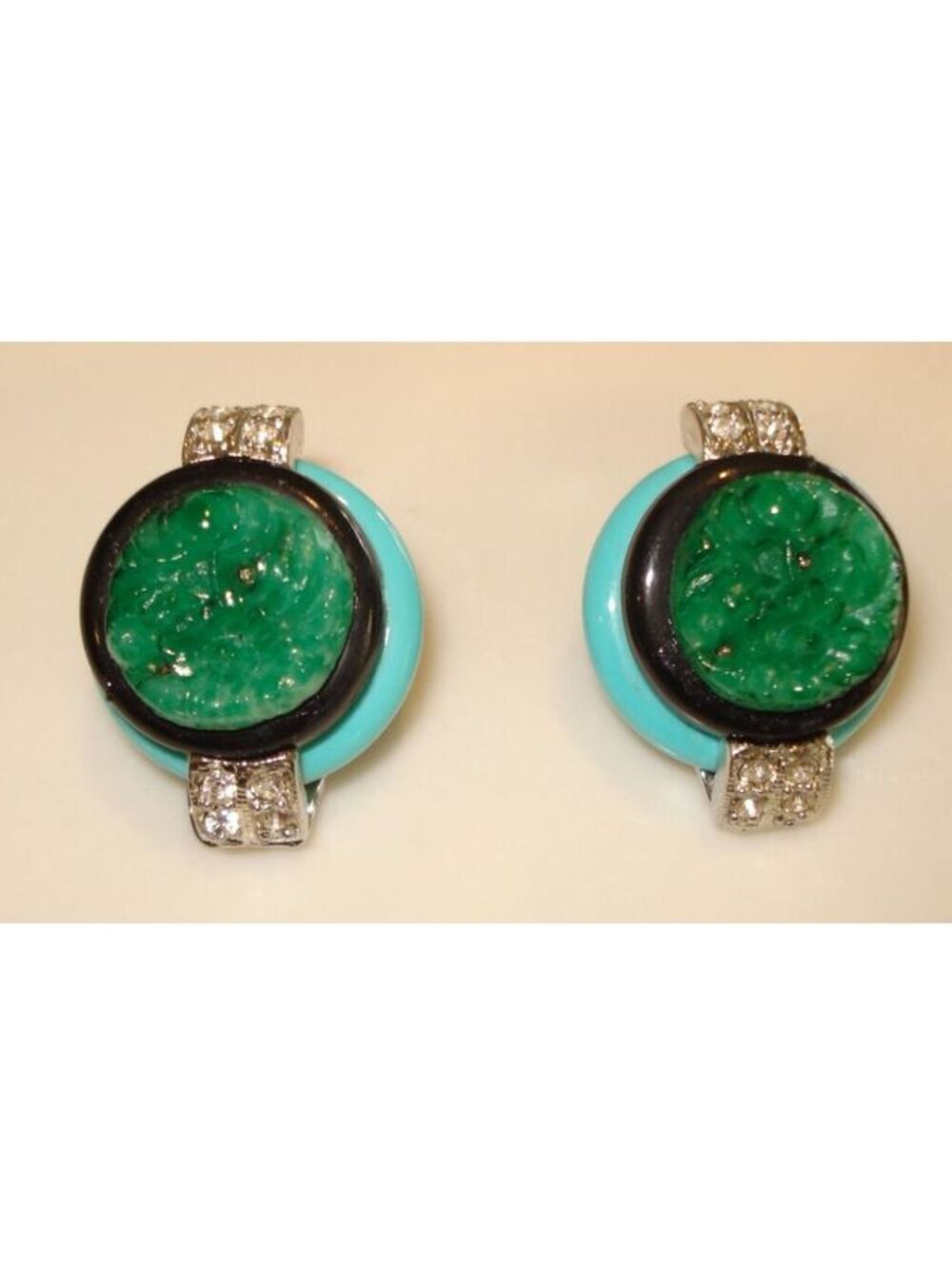 Vintage KJL Kenneth Lane Carved Faux Jade Crystal Clip ons with Turquoise accent